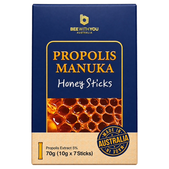 Propolis Manuka Honey Sticks — Australian navy box, 7 x 10g